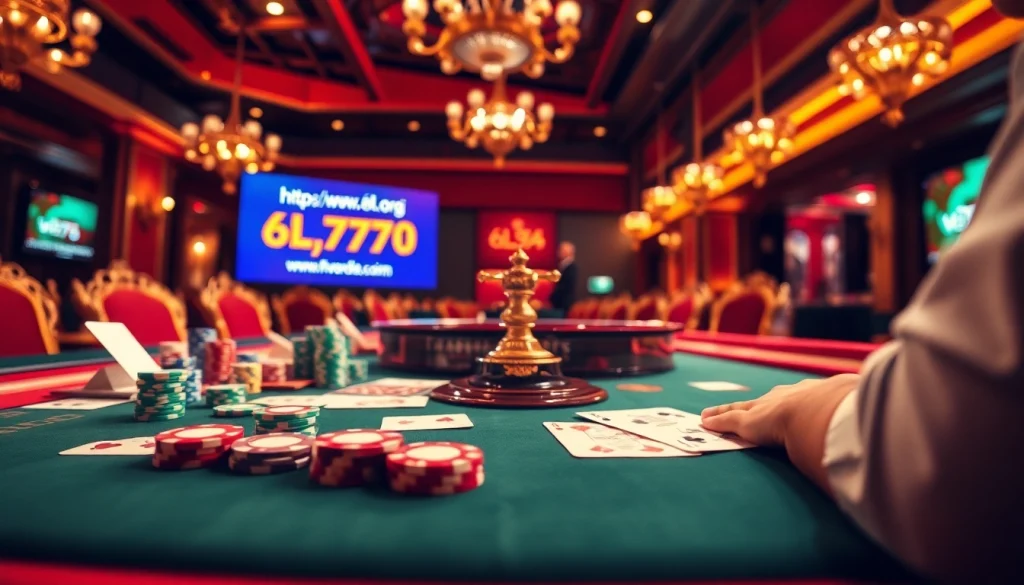 Place bets at https://www.6l777.org/ with colorful poker chips and a roulette wheel on a luxurious table.