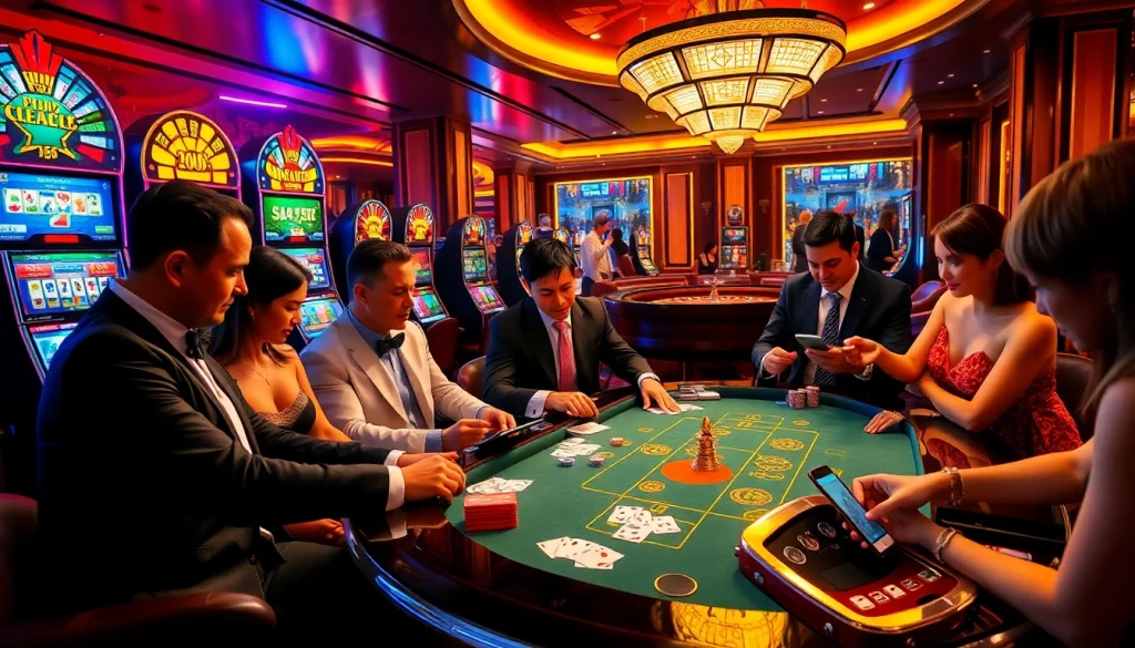 Gamblers engaged in high-stakes poker at New88bet.us, surrounded by luxurious casino elements.