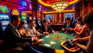 Gamblers engaged in high-stakes poker at New88bet.us, surrounded by luxurious casino elements.