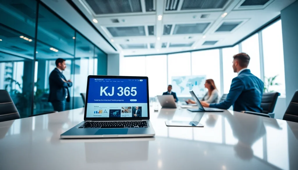 KJC365 website showcased in a modern office setting emphasizing corporate professionalism and innovation in entertainment.