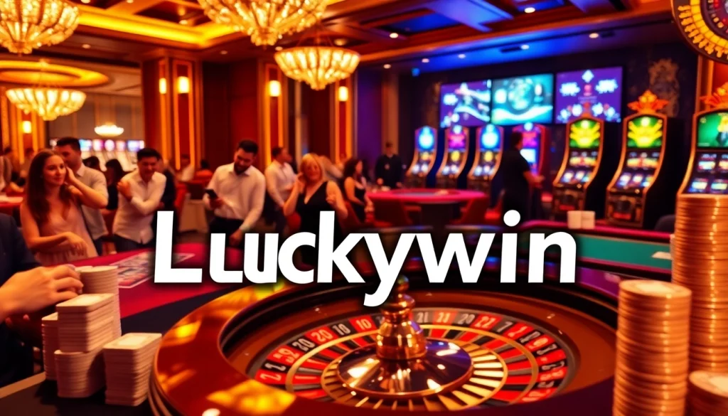 Luckywin casino scene capturing excitement with roulette wheel, poker tables, and vibrant slot machines.
