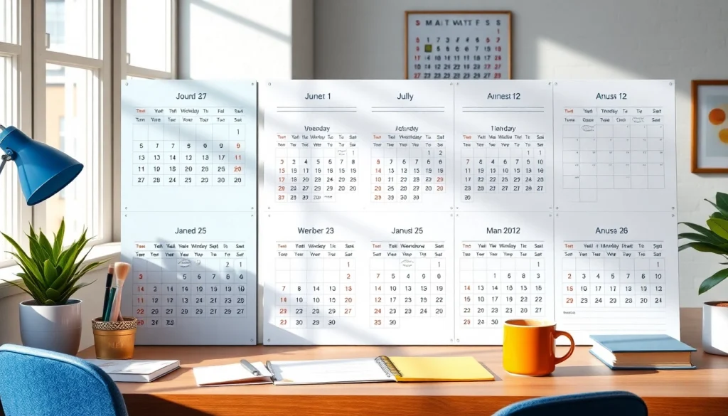 Printable calendar 2026 with vibrant designs and organized monthly layouts in a professional workspace.