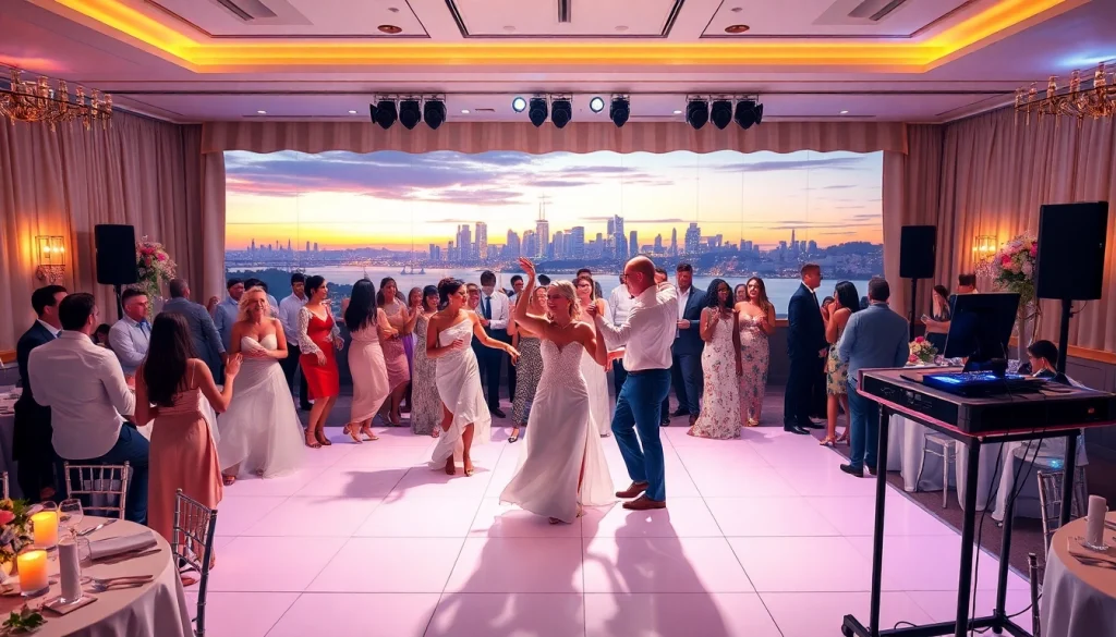 Wedding DJs Sydney create a vibrant atmosphere at a reception with diverse guests dancing joyfully under soft lighting.