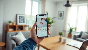 Showcase of a person using the Instapro app on a smartphone in a modern home setting, emphasizing user experience and technology.