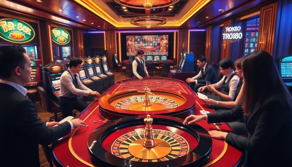 Exciting gameplay at TR88 trang chủ with vibrant casino table, croupiers, and players betting.