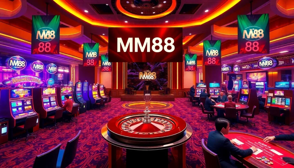 Engage in an exhilarating casino experience featuring MM88 with vibrant tables, chips, and winning moments.