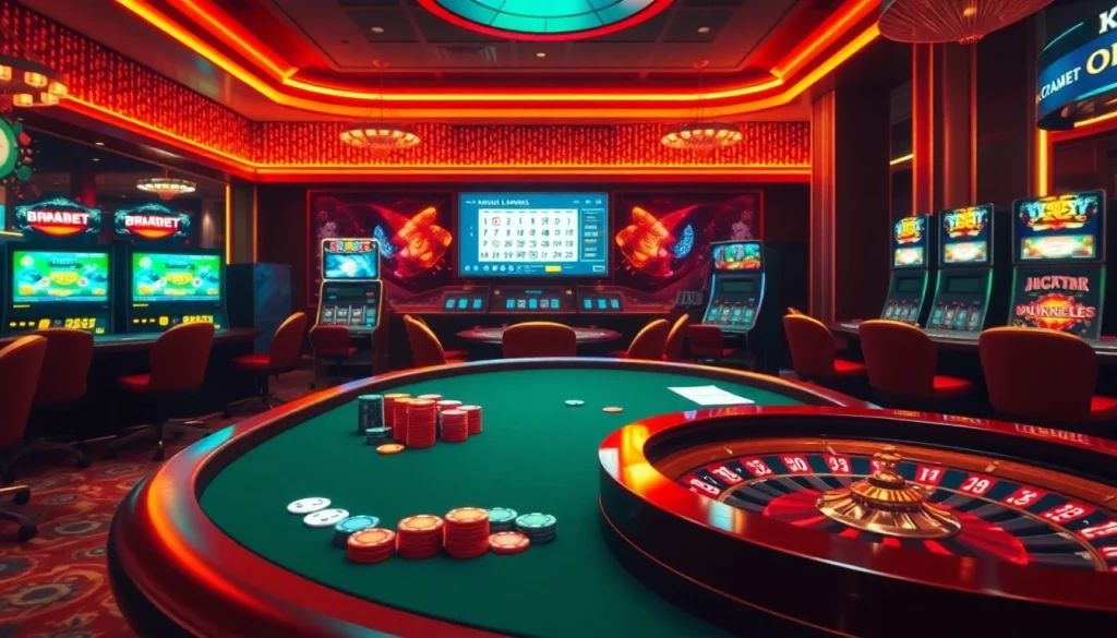 BRABET showcases a luxurious casino scene with poker tables and slot machines for an exciting gambling experience.