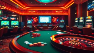 BRABET showcases a luxurious casino scene with poker tables and slot machines for an exciting gambling experience.