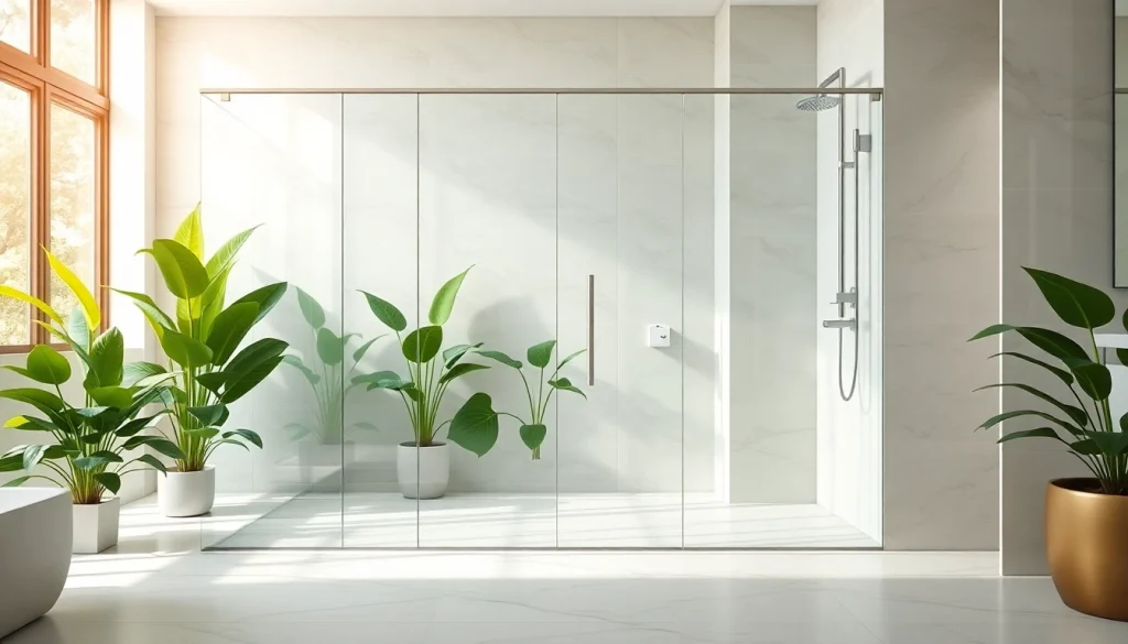 Show stylish sunney shower doors in a sleek modern bathroom environment.