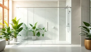 Show stylish sunney shower doors in a sleek modern bathroom environment.