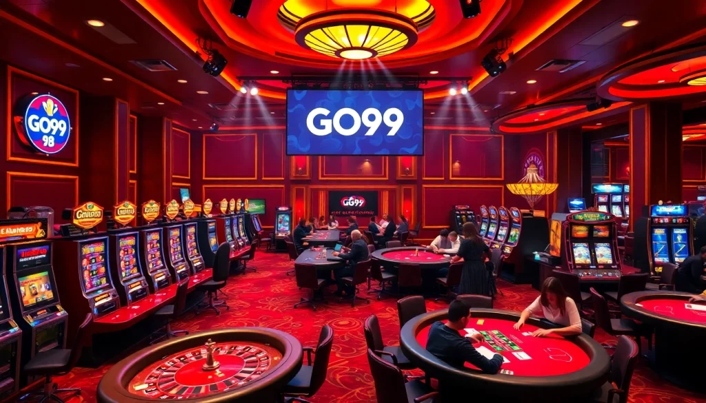 Players enjoying the excitement of GO99 at a luxurious casino with vibrant gaming tables and slot machines.