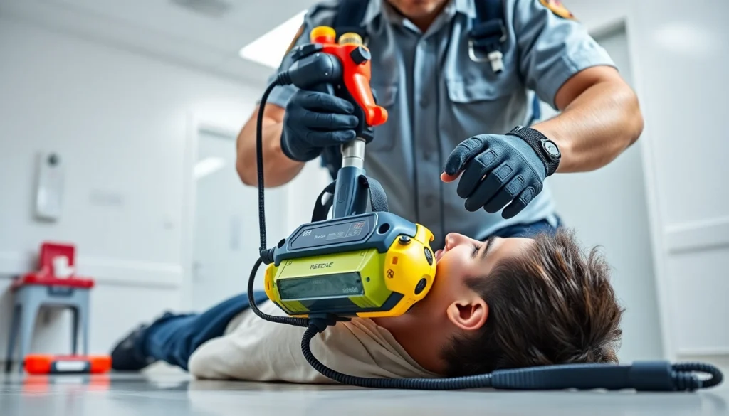 Showcase of a choking rescue device being used in a professional setting to save a life.