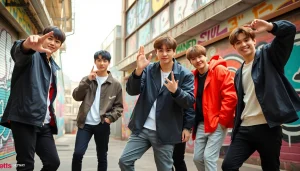 The bts members engaging in a dynamic pose with colorful graffiti backdrop.