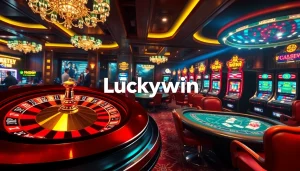 Experience high-stakes excitement with Luckywin at a vibrant casino featuring roulette wheels and poker tables.