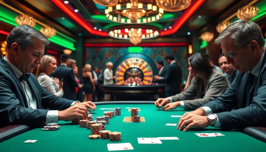 Players enjoy a thrilling poker game at https://2haywin.art/, showcasing colorful chips and intense focus.