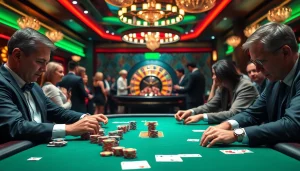 Players enjoy a thrilling poker game at https://2haywin.art/, showcasing colorful chips and intense focus.