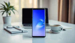 The Samsung Galaxy S8 on a stylish desk, showcasing its sleek design and vibrant display in a modern workspace.