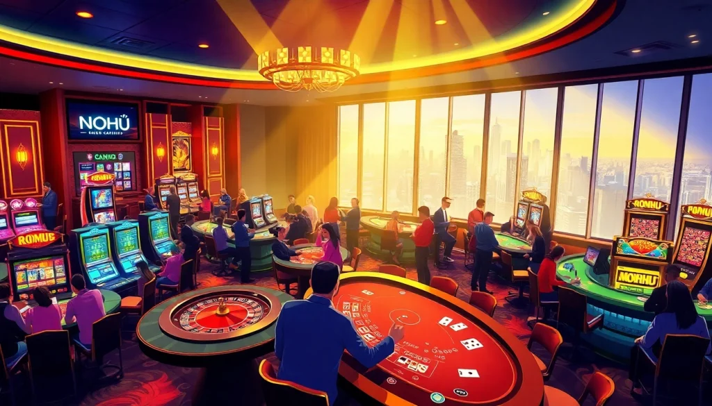 Enjoying a thrilling gaming experience at NOHU casino with vibrant tables and skyline views