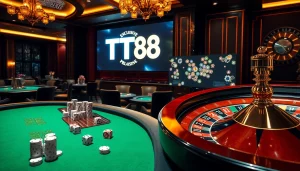 Experience the excitement of TT88 with casino tables, chips, and roulette wheels in a luxurious setting.
