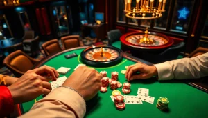 Players strategizing at a luxurious poker table featuring the 88i keyword in an elegant casino setting.