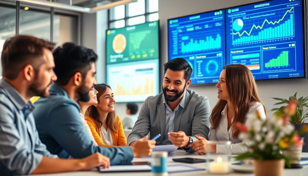 Engaged team from social media marketing companies edmonton strategizing in a bright office.