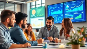 Engaged team from social media marketing companies edmonton strategizing in a bright office.