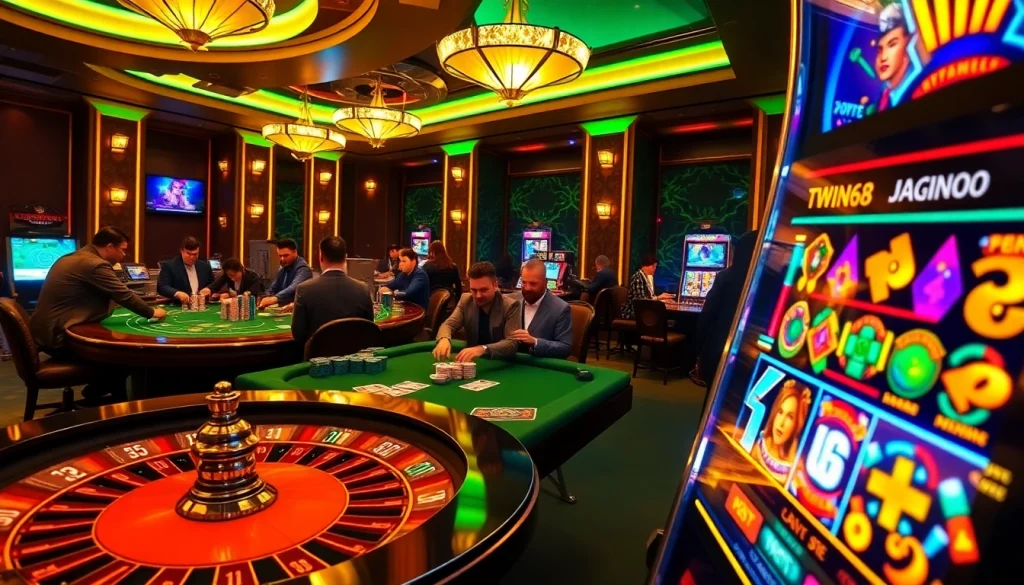 TWIN68 casino experience with poker, roulette, and slot machines showcasing excitement.