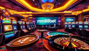 Players celebrating wins at mm88bet online casino, featuring vibrant tables and gaming excitement.