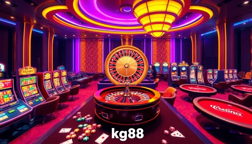 Engaging moment of gamblers placing bets at KG88's online casino featuring vibrant tables and roulette.