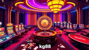 Engaging moment of gamblers placing bets at KG88's online casino featuring vibrant tables and roulette.