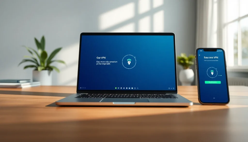笔记本与智能手机上的快连 VPN 界面，突出易用连接性和安全功能。