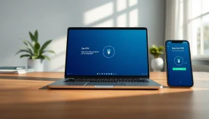 笔记本与智能手机上的快连 VPN 界面，突出易用连接性和安全功能。