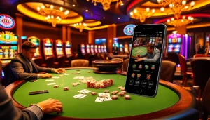 High-stakes poker game at https://luck882.co.com/ with vibrant slot machines and roulette wheel.