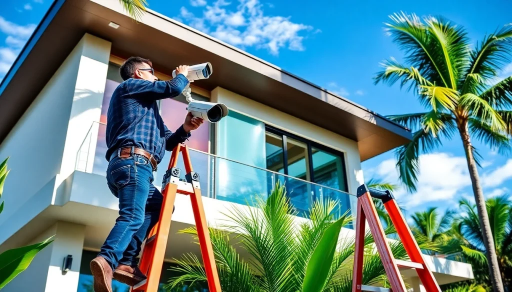Instalación profesional de Cámaras de Seguridad en una casa moderna en Guanacaste, Costa Rica, mostrando a un técnico trabajando.