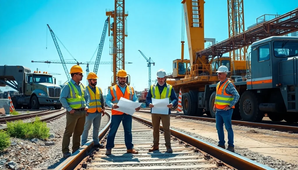 Railroad Contractors collaborating on a busy construction site while constructing rail tracks.