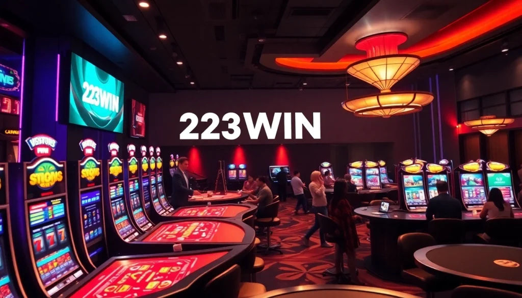 Exciting online casino scene showcasing 23 WIN logo, vibrant atmosphere with players engaged in games.