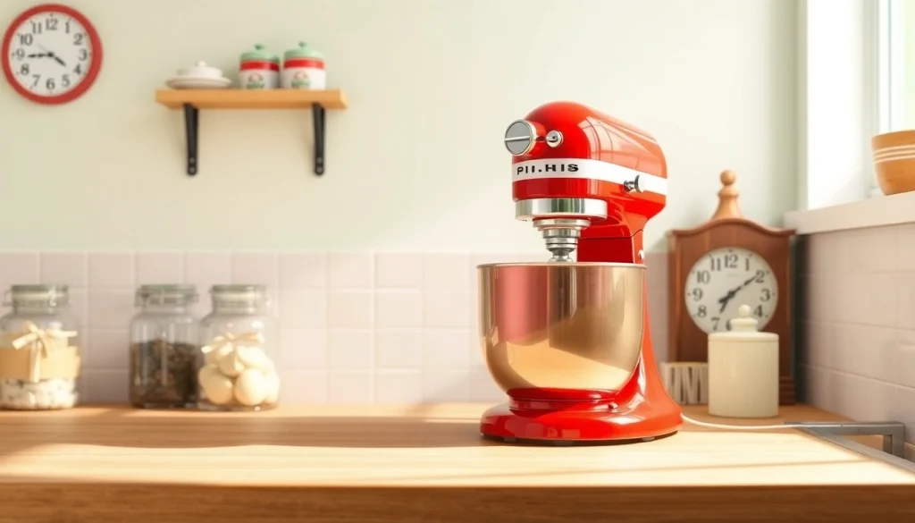 Showcase a vibrant retro appliance, a red stand mixer, in a cozy kitchen setting.