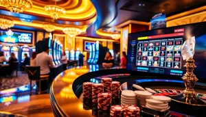 Sebuah adegan kasino yang memikat dengan mesin slot berwarna-warni dan meja roulette yang mencerminkan daya tarik aurendez Rendezvous des Amis.com.