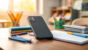 Hochwertige Handytasche Lehrer auf einem Schreibtisch mit Schulmaterialien.