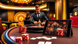 Experience the thrill of 8qbet at a luxurious casino table filled with poker chips and cards.
