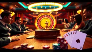 Engage in thrilling gameplay at RR88 with a vibrant casino table scene featuring cards and chips.