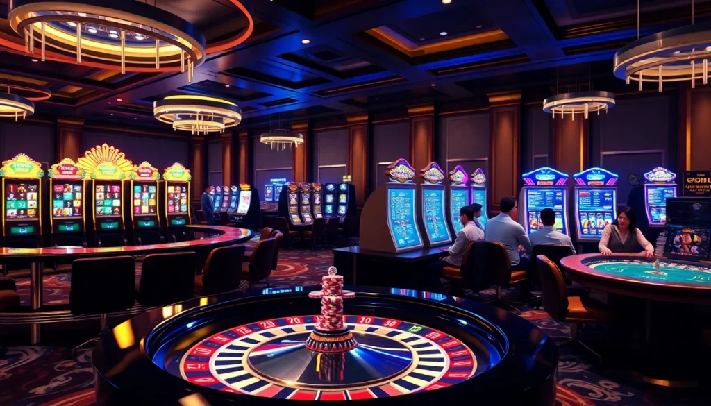 Scène passionnante de casino en ligne avec des jeux de roulette et de poker virtuel.