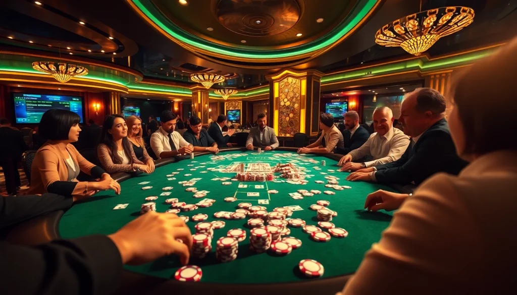 Adegan permainan poker yang menarik di kasino, menampilkan suasana KIT4D dengan tumpukan chip poker yang melimpah.