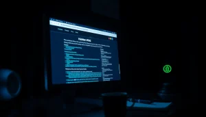 Immersive Hidden Wiki webpage view with glowing onion symbols and dark web ambiance.