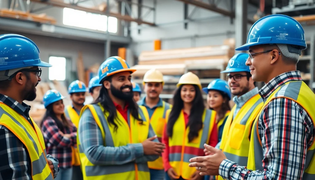 Engaged participants in construction safety training demonstrate techniques in bright environment.