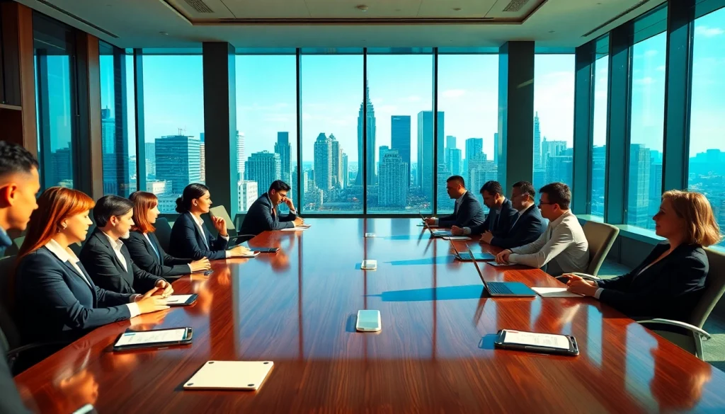 Business professionals discussing Corporate Ethics in a bright, modern conference room.