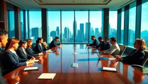 Business professionals discussing Corporate Ethics in a bright, modern conference room.