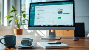 Visualize a WhatsApp Business CRM dashboard in a modern office setting, highlighting productivity.