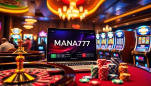 MANA777 online gambling interface surrounded by casino elements like roulette and poker chips, evoking excitement.