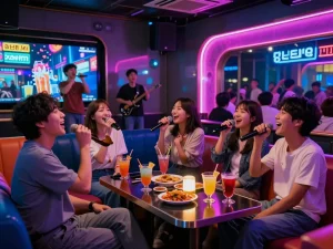 朋友们在充满活力的강남쩜오卡拉OK酒廊中享受绚丽的夜生活体验，五光十色的霓虹灯和充满活力的氛围。